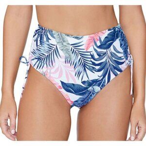 RAISINS Women's Blue Palm Print Stretch Drawstring Ruched Lined Bikini. Medium.